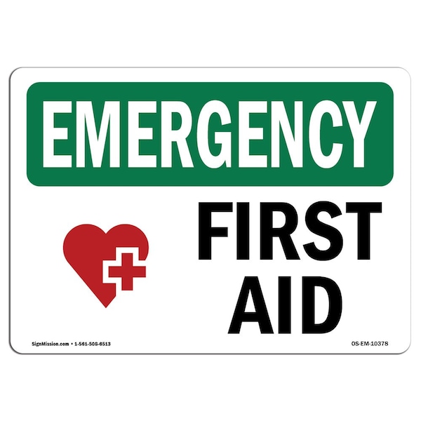 Safety Sign, OSHA EMERGENCY, 7" Height, Aluminum, First Aid, Landscape, OS-EM-L-10378
